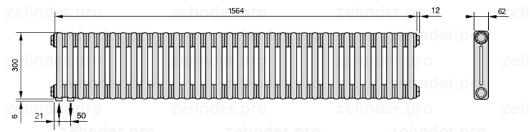 Схема (чертеж) Радиатор Zehnder Charleston 2030/34 №3370 Белый глянцевый RAL 9016